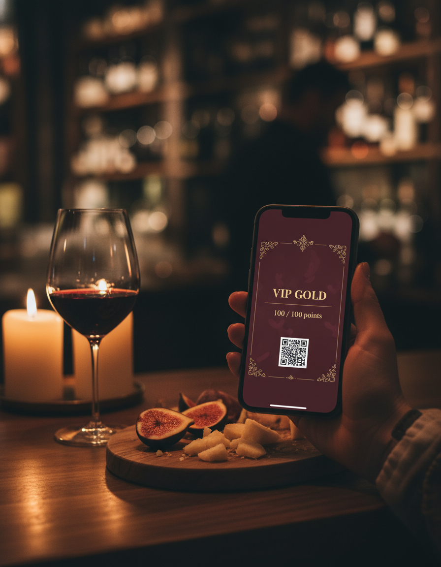 Carte fidélité VIP sur iPhone à côté d'un verre de vin rouge dans un bar à vin