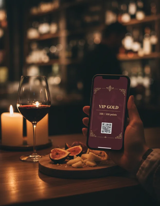Carte fidélité VIP sur iPhone à côté d'un verre de vin rouge dans un bar à vin