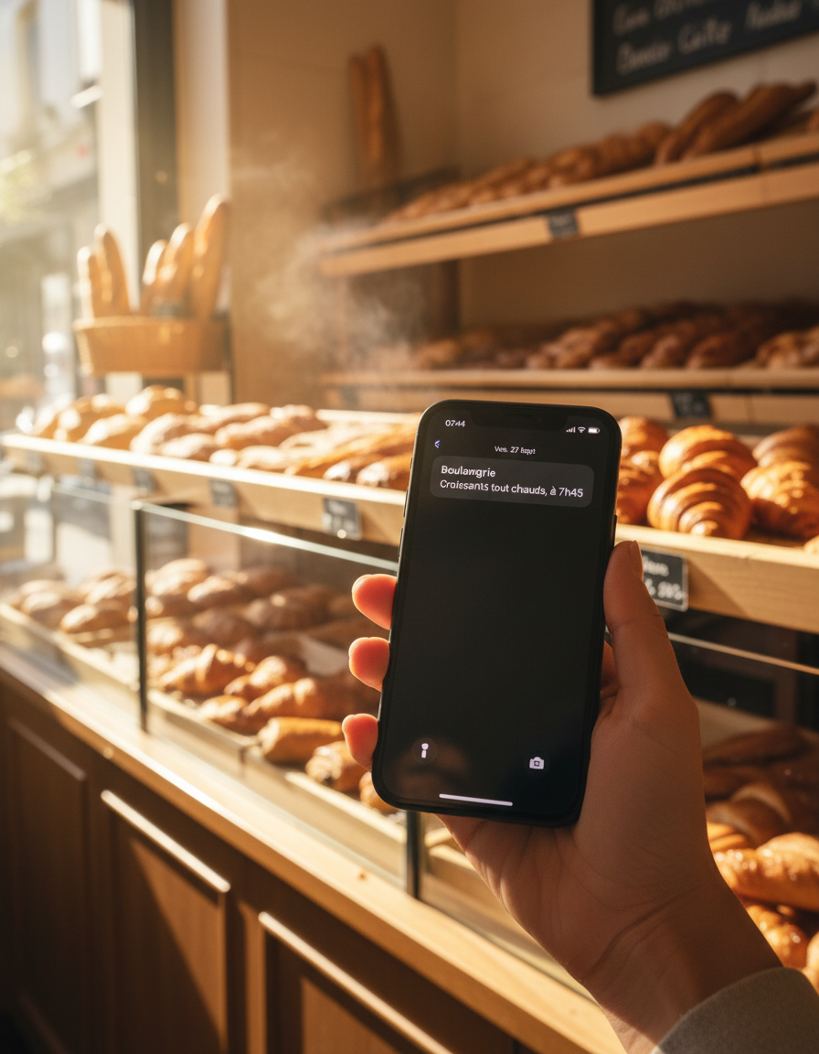 iPhone push notification dans une boulangerie devant les viennoiseries