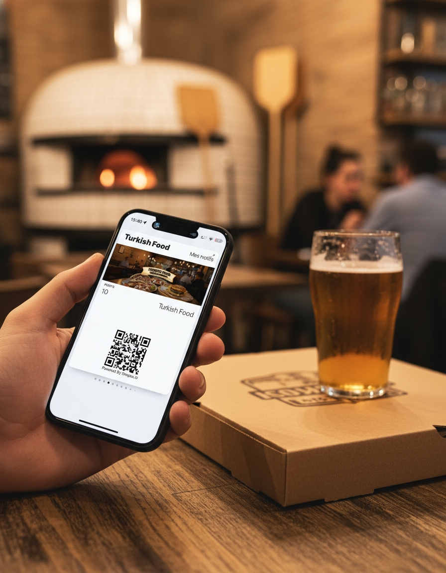 Carte fidélité Wallet sur iPhone avec boîte de pizza et bière dans une pizzeria