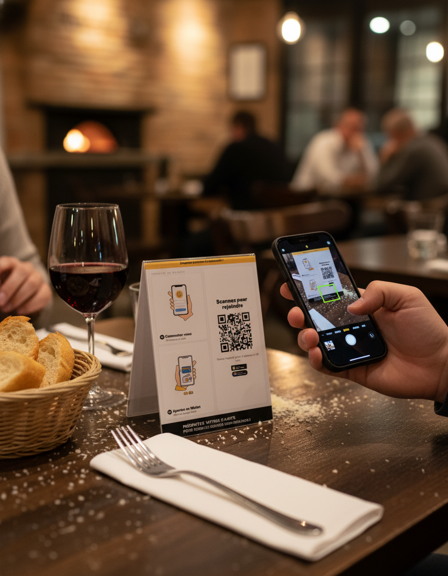 Client qui scanne un flyer Snapss table-tent dans un restaurant italien