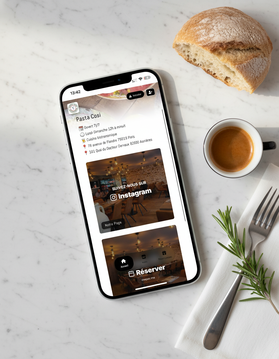 App Snapss commerçant Pasta Cosi : tableau de bord avec menu, adresses, réservation et stats, affiché sur iPhone