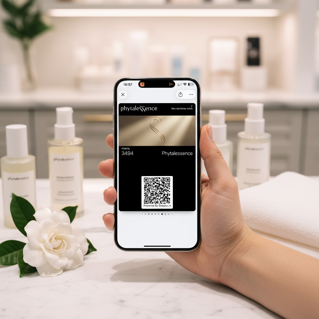 Carte fidélité Phytalessence dans le téléphone d'une cliente, en boutique beauté — vrai client Snapss
