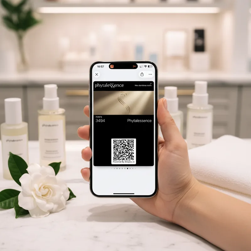 Carte fidélité Phytalessence dans le téléphone d'une cliente, en boutique beauté — vrai client Snapss