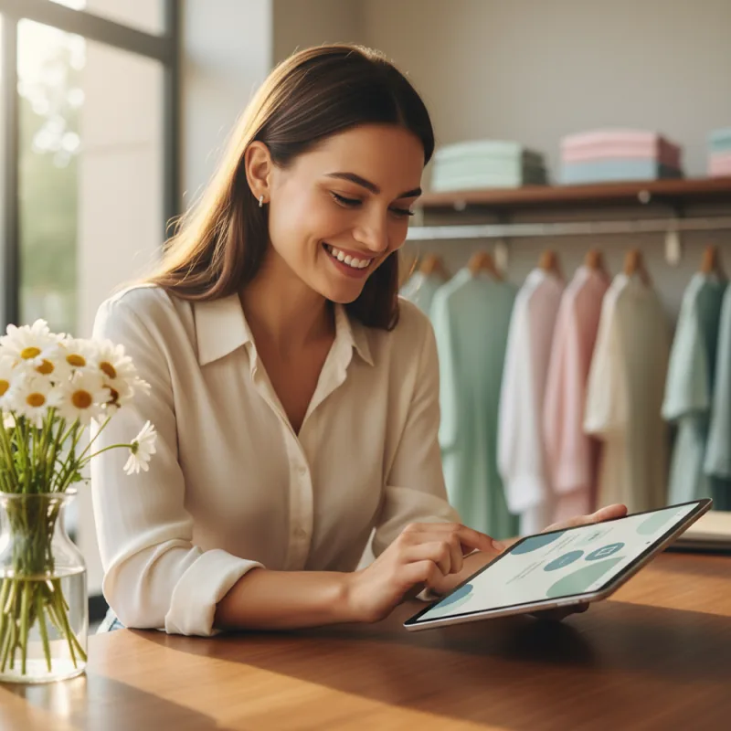 Commerçante configurant sa carte fidélité sur tablette dans une boutique