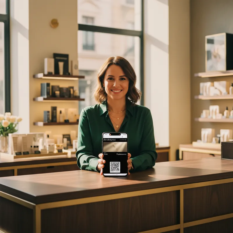 Commerçante pilotant son tableau de bord Snapss sur smartphone, dans sa boutique