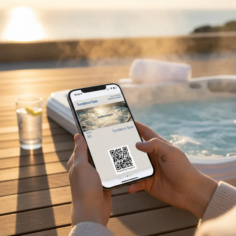 Carte fidélité Sundance Spas en main près d'un jacuzzi — vrai client Snapss
